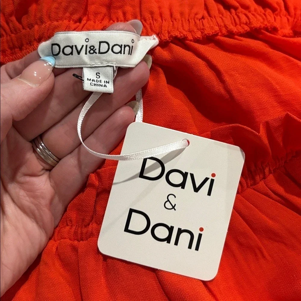 Davi & Dani Tomato Red Ruffled Neck Blouse with Crochet Lace Sleeves- Size Small